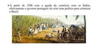 A partir de 1500 com a queda do comércio com as Índias,
efetivamente o governo português irá criar uma política para colonizar
o Brasil
 