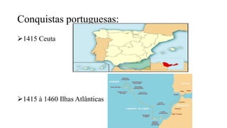 Conquistas portuguesas:
1415 Ceuta
1415 à 1460 Ilhas Atlânticas
 