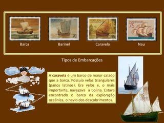 Barca Barinel Caravela Nau
Tipos de Embarcações
A caravela é um barco de maior calado
que a barca. Possuía velas triangulares
(panos latinos). Era veloz e, o mais
importante, navegava à bolina. Estava
encontrado o barco da exploração
oceânica, o navio dos descobrimentos.
 