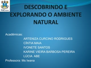 Acadêmicas:
ARTENIZA CURCINO RODRIGUES
CÍNTIA MAIA
IVONETE SANTOS
KARINE VIEIRA BARBOSA PEREIRA
LÚCIA ABE
Professora: Ms Iwana
 