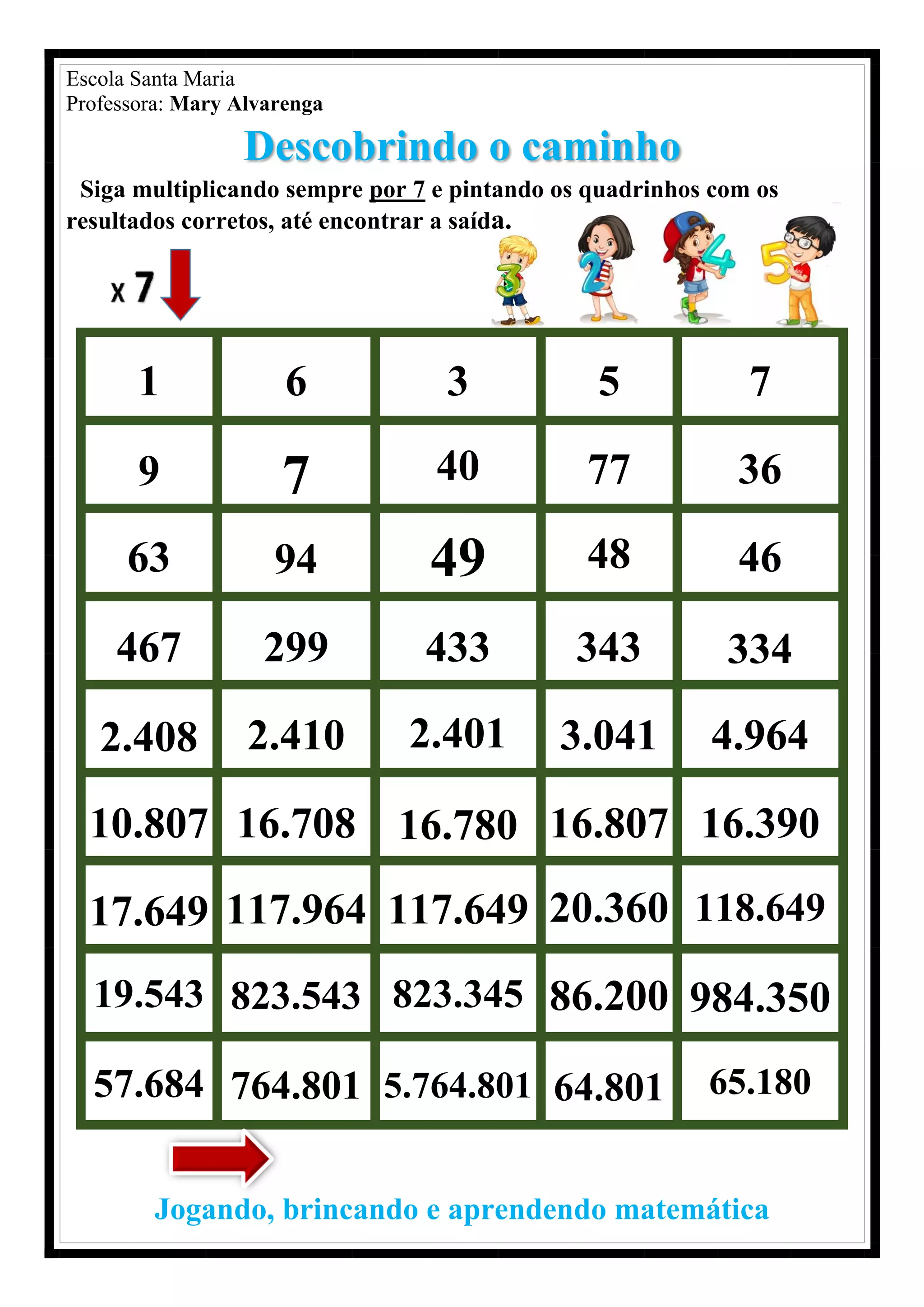 Escola Santa Maria
Professora: Mary Alvarenga
Descobrindo o caminho
Siga multiplicando sempre por 7 e pintando os quadrinhos com os
resultados corretos, até encontrar a saída.
1 6 3 5 7
9 7 40 77 36
63 94 49 48 46
467 299 433 343 334
2.408 2.410 2.401 3.041 4.964
10.807 16.708 16.780 16.807 16.390
17.649 117.964 117.649 20.360 118.649
19.543 823.543 823.345 86.200 984.350
57.684 764.801 5.764.801 64.801 65.180
Jogando, brincando e aprendendo matemática