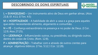 DESCOBRINDO OS DONS ESPIRITUAIS
L = EVANGELISMO – Um instrumento ativo de Deus em ganhar almas. (Atos
21:8; Ef. 4:11; II Tim. 4:5)
M = HOSPITALIDADE – A habilidade de abrir a casa e a graça para aqueles
que estão necessitando alimento, alojamento e comunhão.
N = FÉ – Confiança extraordinária na presença e no poder de Deus. (I Cor.
12:9; Atos 27:25).
O = LIDERANÇA – Influenciando outros, ou presidindo, ou dirigindo outros,
dentro do corpo de Cristo. (Rom. 12:8).
P = ADMINISTRAÇÃO – Trabalhar com e através de outros crentes para
alcançar objetivos bíblicos. (I Tes. 5:12; I Cor. 12:28).
 