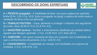 DESCOBRINDO OS DONS ESPIRITUAIS
A = PROFECIA (pregação) – A habilidade de fazer com que a palavra do apóstolo
brilhe (II Pe. 1:19; I Cor. 14:3). Inclui a pregação na igreja, e explica de modo exato a
revelação de Deus e faz sua aplicação.
B = TRABALHO PASTORAL – Guiar, alimentar e proteger o rebanho dos seguidores
de Cristo. (Atos 20:28; Ef. 4:11-12; II Tim. 4:5).
C = MAGISTÉRIO (ensino) – Facilitar o entendimento detalhado da verdade bíblica
aqueles que desejam aprender. ( I Cor. 12:28; Rom. 12:7; Atos 18:11).
D = SABEDORIA – Um temor reverente de Deus em conjunto com a habilidade de
usar o conhecimento eficazmente. (I Cor. 12:8; Ef. 3:5).
E = CONHECIMENTO – A habilidade de manejar com facilidade um conjunto de
verdades. ( I Cor. 12:8; II Pe. 3:2).
 