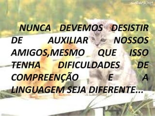 NUNCA DEVEMOS DESISTIR
DE     AUXILIAR      NOSSOS
AMIGOS,MESMO QUE ISSO
TENHA    DIFICULDADES    DE
COMPREENÇÃO        E      A
LINGUAGEM SEJA DIFERENTE...
 