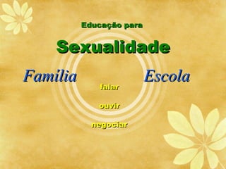 Educação para


    Sexualidade
Família                   Escola
             falar

             ouvir

            negociar
 