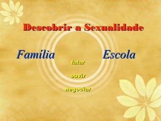 Descobrir a Sexualidade

Família              Escola
           falar

           ouvir

          negociar
 