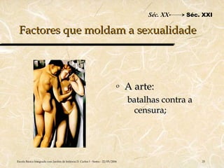 Séc. XX   Séc. XXI

 Factores que moldam a sexualidade



                                                                               o   A arte:
                                                                                   batalhas contra a
                                                                                    censura;




Escola Básica Integrada com Jardim de Infância D. Carlos I - Sintra - 22/05/2006                       25
 