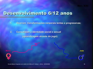 Séc. XXI


Desenvolvimento 6/12 anos
      1.          Ocorrem transformações corporais lentas e progressivas;


      2.          Consolidam a identidade social e sexual
                             (aprendizagem através do jogo);




Maria                                                                                 João




  Escola Básica Integrada com Jardim de Infância D. Carlos I - Sintra - 22/05/2006       36
 