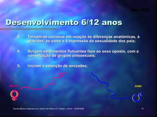 Séc. XXI


Desenvolvimento 6/12 anos
      3.          Tornam-se curiosos em relação às diferenças anatómicas, à
                  gravidez, ao parto e à expressão da sexualidade dos pais;

      4.          Surgem sentimentos flutuantes face ao sexo oposto, com a
                  constituição de grupos unissexuais;

      5.          Iniciam a selecção de amizades;




Maria                                                                                 João




  Escola Básica Integrada com Jardim de Infância D. Carlos I - Sintra - 22/05/2006       37
 