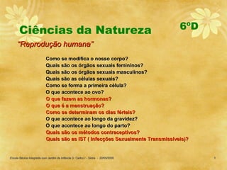 Ciências da Natureza                                                        6ºD
     “Reprodução humana”
                           Como se modifica o nosso corpo?
                           Quais são os órgãos sexuais femininos?
                           Quais são os órgãos sexuais masculinos?
                           Quais são as células sexuais?
                           Como se forma a primeira célula?
                           O que acontece ao ovo?
                           O que fazem as hormonas?
                           O que é a menstruação?
                           Como se determinam os dias férteis?
                           O que acontece ao longo da gravidez?
                           O que acontece ao longo do parto?
                           Quais são os métodos contraceptivos?
                           Quais são as IST ( Infecções Sexualmente Transmissíveis)?


Escola Básica Integrada com Jardim de Infância D. Carlos I - Sintra - 22/05/2006         5
 