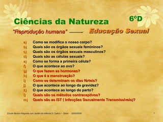 Ciências da Natureza                                                                  6ºD
     “Reprodução humana”                                                           Educação Sexual
                 a)        Como se modifica o nosso corpo?
                 b)        Quais são os órgãos sexuais femininos?
                 c)        Quais são os órgãos sexuais masculinos?
                 d)        Quais são as células sexuais?
                 e)        Como se forma a primeira célula?
                 f)        O que acontece ao ovo?
                 g)        O que fazem as hormonas?
                 h)        O que é a menstruação?
                 i)        Como se determinam os dias férteis?
                 j)        O que acontece ao longo da gravidez?
                 k)        O que acontece ao longo do parto?
                 l)        Quais são os métodos contraceptivos?
                 m)        Quais são as IST ( Infecções Sexualmente Transmissíveis)?


Escola Básica Integrada com Jardim de Infância D. Carlos I - Sintra - 22/05/2006                     7
 