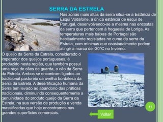 Nas zonas mais altas da serra situa-se a Estância de
                                 Esqui Vodafone, a única estância de esqui de
                                 Portugal, desenvolvendo-se a mesma nas encostas
                                 da serra que pertencem à freguesia de Loriga. As
                                 temperaturas mais baixas de Portugal são
                                 habitualmente registadas no cume da serra da
                                 Estrela, com mínimas que ocasionalmente podem
                                 atingir a marca de -20°C no Inverno.
O queijo da Serra da Estrela, considerado o
imperador dos queijos portugueses, é
produzido nesta região, que também possui
uma raça de cães de guarda, o cão da Serra
da Estrela. Ambos se encontram ligados ao
tradicional pastoreio da ovelha bordalesa da
Serra da Estrela. A desertificação humana da
Serra tem levado ao abandono das práticas
tradicionais, diminuindo consequentemente a
genuinidade do produto queijo da Serra da
Estrela, na sua versão de produção e venda
massificadas que hoje encontramos nas                                            11
grandes superfícies comerciais.                         Voltar
 