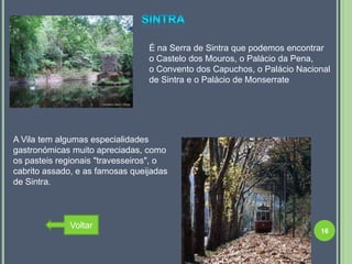É na Serra de Sintra que podemos encontrar
                                 o Castelo dos Mouros, o Palácio da Pena,
                                 o Convento dos Capuchos, o Palácio Nacional
                                 de Sintra e o Palácio de Monserrate




A Vila tem algumas especialidades
gastronómicas muito apreciadas, como
os pasteis regionais "travesseiros", o
cabrito assado, e as famosas queijadas
de Sintra.



              Voltar
                                                                         16
 