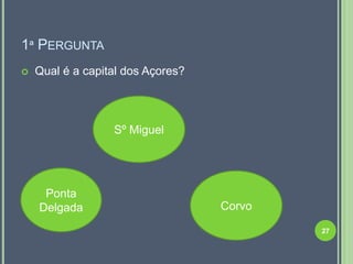 1ª PERGUNTA
   Qual é a capital dos Açores?




                  Sº Miguel




     Ponta
    Delgada                        Corvo
                                           27
 