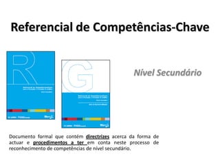 Referencial de Competências-ChaveNível SecundárioDocumento formal que contém directrizes acerca da forma de actuar e procedimentos a ter em conta neste processo de reconhecimento de competências de nível secundário. 