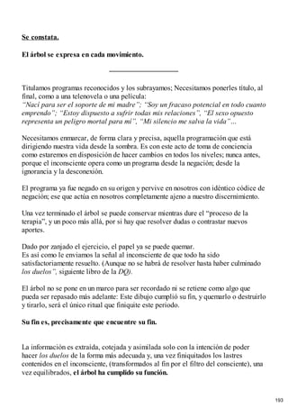 Se constata.
El árbol se expresa en cada movimiento.
Titulamos programas reconocidos y los subrayamos; Necesitamos ponerles título, al
final, como a una telenovela o una película:
“Nací para ser el soporte de mi madre”; “Soy un fracaso potencial en todo cuanto
emprendo”; “Estoy dispuesto a sufrir todas mis relaciones”, “El sexo opuesto
representa un peligro mortal para mí”, “Mi silencio me salva la vida”…
Necesitamos enmarcar, de forma clara y precisa, aquella programación que está
dirigiendo nuestra vida desde la sombra. Es con este acto de toma de conciencia
como estaremos en disposición de hacer cambios en todos los niveles; nunca antes,
porque el inconsciente opera como un programa desde la negación; desde la
ignorancia y la desconexión.
El programa ya fue negado en su origen y pervive en nosotros con idéntico códice de
negación; ese que actúa en nosotros completamente ajeno a nuestro discernimiento.
Una vez terminado el árbol se puede conservar mientras dure el “proceso de la
terapia”, y un poco más allá, por si hay que resolver dudas o contrastar nuevos
aportes.
Dado por zanjado el ejercicio, el papel ya se puede quemar.
Es así como le enviamos la señal al inconsciente de que todo ha sido
satisfactoriamente resuelto. (Aunque no se habrá de resolver hasta haber culminado
los duelos”, siguiente libro de la DQ).
El árbol no se pone en un marco para ser recordado ni se retiene como algo que
pueda ser repasado más adelante: Este dibujo cumplió su fin, y quemarlo o destruirlo
y tirarlo, será el único ritual que finiquite este periodo.
Su fin es, precisamente que encuentre su fin.
La información es extraída, cotejada y asimilada solo con la intención de poder
hacer los duelos de la forma más adecuada y, una vez finiquitados los lastres
contenidos en el inconsciente, (transformados al fin por el filtro del consciente), una
vez equilibrados, el árbol ha cumplido su función.
193
 