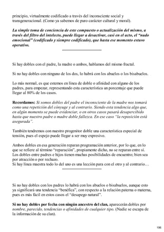 principio, virtualmente codificado a través del inconsciente social y
transgeneracional. (Como ya sabemos de puro carácter cultural y moral).
La simple toma de conciencia de este compuesto o actualización del mismo, a
través del filtro del intelecto, puede llegar a desactivar, casi en el acto, el “nudo
emocional” (codificado y siempre codificado), que hasta ese momento estuvo
operativo.
Si hay dobles con el padre, la madre o ambos, hablamos del mismo fractal.
Si no hay dobles con ninguno de los dos, lo habrá con los abuelos o los bisabuelos.
Lo más normal, es que estemos en línea de doble o afinidad con alguno de los
padres, para empezar, representando esta característica un porcentaje que puede
llegar al 80% de los casos.
Recordamos: Si somos dobles del padre el inconsciente de la madre nos tomará
como una repetición del cónyuge y al contrario. Siendo esta tendencia algo que,
en algún momento se puede evidenciar, o en otros casos pasará desapercibido
hasta que nuestro padre o madre doble fallezca. En ese caso “la reposición está
asegurada”.
También tendremos con nuestro progenitor doble una característica especial de
tensión, pues el espejo puede llegar a ser muy expresivo.
Ambos dobles en esa generación reparan programación anterior, por lo que, en lo
que se refiere al término “reparación”, propiamente dicho, no se reparan entre sí.
Los dobles entre padres e hijos tienen muchas posibilidades de encuentro; bien sea
por atracción o por rechazo.
Si hay línea maestra todo lo del uno es una lección para con el otro y al contrario…
Si no hay dobles con los padres lo habrá con los abuelos o bisabuelos, aunque esto
ya significará una tendencia “benéfica”, con respecto a la relación paterna o materna,
pues es más fácil en estos casos el “desapego natural”.
Si no hay dobles por fecha con ningún ancestro del clan, aparecerán dobles por
nombre, parecido, tendencias o afinidades de cualquier tipo. (Nadie se escapa de
la información de su clan).
196
 