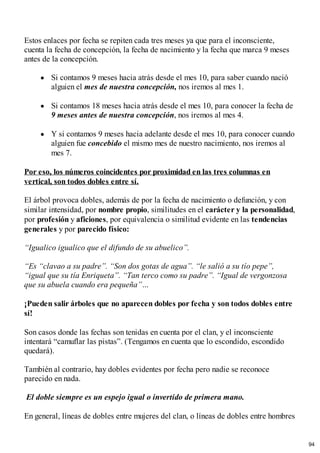 Estos enlaces por fecha se repiten cada tres meses ya que para el inconsciente,
cuenta la fecha de concepción, la fecha de nacimiento y la fecha que marca 9 meses
antes de la concepción.
Si contamos 9 meses hacia atrás desde el mes 10, para saber cuando nació
alguien el mes de nuestra concepción, nos iremos al mes 1.
Si contamos 18 meses hacia atrás desde el mes 10, para conocer la fecha de
9 meses antes de nuestra concepción, nos iremos al mes 4.
Y si contamos 9 meses hacia adelante desde el mes 10, para conocer cuando
alguien fue concebido el mismo mes de nuestro nacimiento, nos iremos al
mes 7.
Por eso, los números coincidentes por proximidad en las tres columnas en
vertical, son todos dobles entre sí.
El árbol provoca dobles, además de por la fecha de nacimiento o defunción, y con
similar intensidad, por nombre propio, similitudes en el carácter y la personalidad,
por profesión y aficiones, por equivalencia o similitud evidente en las tendencias
generales y por parecido físico:
“Igualico igualico que el difundo de su abuelico”.
“Es “clavao a su padre”. “Son dos gotas de agua”. “le salió a su tío pepe”,
“igual que su tía Enriqueta”. “Tan terco como su padre”. “Igual de vergonzosa
que su abuela cuando era pequeña”…
¡Pueden salir árboles que no aparecen dobles por fecha y son todos dobles entre
sí!
Son casos donde las fechas son tenidas en cuenta por el clan, y el inconsciente
intentará “camuflar las pistas”. (Tengamos en cuenta que lo escondido, escondido
quedará).
También al contrario, hay dobles evidentes por fecha pero nadie se reconoce
parecido en nada.
El doble siempre es un espejo igual o invertido de primera mano.
En general, líneas de dobles entre mujeres del clan, o líneas de dobles entre hombres
94
 