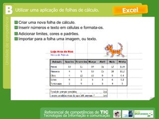 Criar uma nova folha de cálculo. Excel Utilizar uma aplicação de folhas de cálculo. B  Inserir números e texto em células e formata-os.  Adicionar limites, cores e padrões.   Importar para a folha uma imagem, ou texto.  