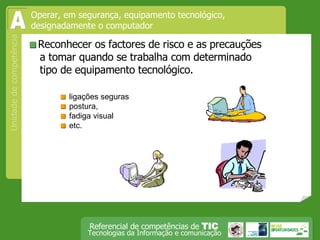  Reconhecer os factores de risco e as precauções a tomar quando se trabalha com determinado tipo de equipamento tecnológico.   ligações seguras   postura,    fadiga visual   etc. Operar, em segurança, equipamento tecnológico, designadamente o computador A 