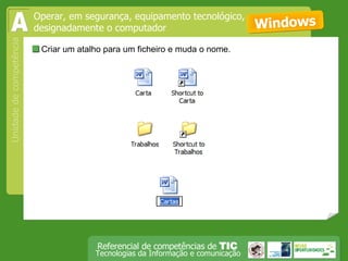  Criar um atalho para um ficheiro e muda o nome. Windows Operar, em segurança, equipamento tecnológico, designadamente o computador A 