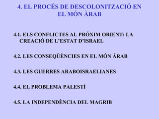 4. EL PROCÉS DE DESCOLONITZACIÓ EN
             EL MÓN ÀRAB


4.1. ELS CONFLICTES AL PRÓXIM ORIENT: LA
   CREACIÓ DE L’ESTAT D’ISRAEL

4.2. LES CONSEQÜÈNCIES EN EL MÓN ÀRAB

4.3. LES GUERRES ARABOISRAELIANES

4.4. EL PROBLEMA PALESTÍ

4.5. LA INDEPENDÈNCIA DEL MAGRIB
 