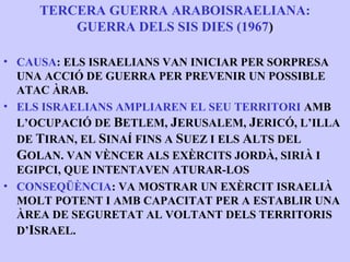 TERCERA GUERRA ARABOISRAELIANA:
         GUERRA DELS SIS DIES (1967)

• CAUSA: ELS ISRAELIANS VAN INICIAR PER SORPRESA
  UNA ACCIÓ DE GUERRA PER PREVENIR UN POSSIBLE
  ATAC ÀRAB.
• ELS ISRAELIANS AMPLIAREN EL SEU TERRITORI AMB
  L’OCUPACIÓ DE BETLEM, JERUSALEM, JERICÓ, L’ILLA
  DE TIRAN, EL SINAÍ FINS A SUEZ I ELS ALTS DEL
  GOLAN. VAN VÈNCER ALS EXÈRCITS JORDÀ, SIRIÀ I
  EGIPCI, QUE INTENTAVEN ATURAR-LOS
• CONSEQÜÈNCIA: VA MOSTRAR UN EXÈRCIT ISRAELIÀ
  MOLT POTENT I AMB CAPACITAT PER A ESTABLIR UNA
  ÀREA DE SEGURETAT AL VOLTANT DELS TERRITORIS
  D’ISRAEL.
 