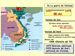 2a La guerra de Vietnam
Ajuda militar americana
500.000 soldats
19681968 Ofensiva del TêtOfensiva del Têt
1973 Retirada americana
1975 Derrota del Sud i
unificació del Vietnam
1957 1975
EE.UU.EE.UU.
Vietnam del Sud
Vietnam del Nord
Règim comunista (Viet-Minh)
Guerrilla comunista al sud (Viet-cong)
Dictadura militar capitalista
Moment clau:
 