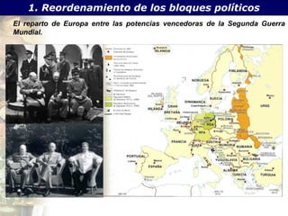 1. Reordenamiento de los bloques políticos
El reparto de Europa entre las potencias vencedoras de la Segunda Guerra
Mundial.
 