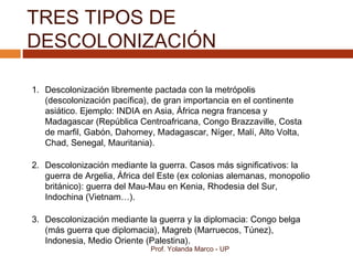 TRES TIPOS DE
DESCOLONIZACIÓN
Prof. Yolanda Marco - UP
1. Descolonización libremente pactada con la metrópolis
(descolonización pacífica), de gran importancia en el continente
asiático. Ejemplo: INDIA en Asia, África negra francesa y
Madagascar (República Centroafricana, Congo Brazzaville, Costa
de marfil, Gabón, Dahomey, Madagascar, Níger, Malí, Alto Volta,
Chad, Senegal, Mauritania).
2. Descolonización mediante la guerra. Casos más significativos: la
guerra de Argelia, África del Este (ex colonias alemanas, monopolio
británico): guerra del Mau-Mau en Kenia, Rhodesia del Sur,
Indochina (Vietnam…).
3. Descolonización mediante la guerra y la diplomacia: Congo belga
(más guerra que diplomacia), Magreb (Marruecos, Túnez),
Indonesia, Medio Oriente (Palestina).
 