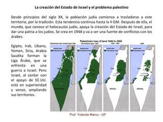 Prof. Yolanda Marco - UP
La creación del Estado de Israel y el problema palestino
Desde principios del siglo XX, la población judía comienza a trasladarse a este
territorio, por la tradición. Esta tendencia continúa hasta la II GM. Después de ella, el
mundo, que conoce el holocausto judío, apoya la creación del Estado de Israel, para
dar una patria a los judíos. Se crea en 1948 y va a ser una fuente de conflictos con los
árabes.
Egipto, Irak, Líbano,
Yemen, Siria, Arabia
Saudita forman la
Liga Árabe, que se
enfrenta en una
guerra a Israel. Pero
Israel, al contar con
el apoyo de EE.UU.
está en superioridad
y vence, ampliando
sus territorios.
 