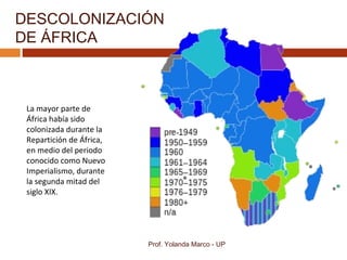 DESCOLONIZACIÓN
DE ÁFRICA
Prof. Yolanda Marco - UP
La mayor parte de
África había sido
colonizada durante la
Repartición de África,
en medio del periodo
conocido como Nuevo
Imperialismo, durante
la segunda mitad del
siglo XIX.
 