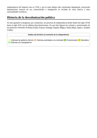 independencia del Imperio ruso en 1918, y por lo tanto habían sido colonizadas ilegalmente, incluyendo
deportaciones masivas de sus connacionales e inmigración no invitada de rusos étnicos y otras
nacionalidades soviéticas.
En este apartado se desglosan, por continentes, los procesos de independencia desde finales del siglo XVIII
hasta el siglo XXI con las últimas descolonizaciones. En esta lista figuran las colonias y protectorados de
las potencias coloniales de Reino Unido, Francia, Portugal, España, Bélgica, Países Bajos, Japón y Estados
Unidos.
Estatus del territorio al momento de la independencia
     Colonias de gobierno directo
     Colonias asimiladas a la metrópoli
     Protectorados
     Mandatos
     Colonias con autogobierno
Historia de la descolonización política
 