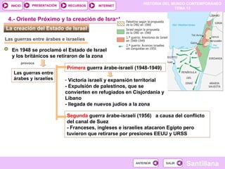 Las guerras entre árabes e israelíes En 1948 se proclamó el Estado de Israel y los británicos se retiraron de la zona provoca Las guerras entre árabes y israelíes La creación del Estado de Israel  4.- Oriente Próximo y la creación de Israel Primera  guerra árabe-israelí (1948-1949) ‏ Victoria israelí y expansión territorial  - Expulsión de palestinos, que se convierten en refugiados en Cisjordania y Líbano - llegada de nuevos judíos a la zona Segunda  guerra árabe-israelí (1956)  a causa del conflicto del canal de Suez  - Franceses, ingleses e israelies atacaron Egipto pero tuvieron que retirarse por presiones EEUU y URSS 