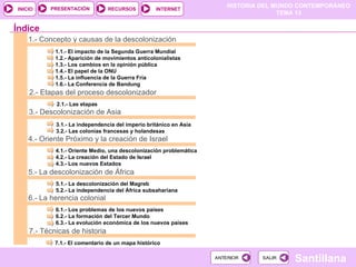 1.- Concepto y causas de la descolonización 1.1.- El impacto de la Segunda Guerra Mundial 1.2.- Aparición de movimientos anticolonialistas 1.3.- Los cambios en la opinión pública 1.4.- El papel de la ONU 1.5.- La influencia de la Guerra Fría 1.6.- La Conferencia de Bandung 2.- Etapas del proceso descolonizador 2.1.- Las etapas 3.- Descolonización de Asia 3.1.- La independencia del imperio británico en Asia 3.2.- Las colonias francesas y holandesas Índice 4.- Oriente Próximo y la creación de Israel 4.1.- Oriente Medio, una descolonización problemática 4.2.- La creación del Estado de Israel 4.3.- Los nuevos Estados 7.- Técnicas de historia  7.1.- El comentario de un mapa histórico 5.- La descolonización de África 5.1.- La descolonización del Magreb 5.2.- La independencia del África subsahariana 6.- La herencia colonial  6.1.- Los problemas de los nuevos países 6.2.- La formación del Tercer Mundo 6.3.- La evolución económica de los nuevos países 