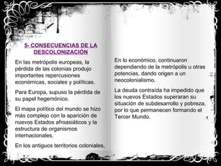 5- CONSECUENCIAS DE LA DESCOLONIZACIÓN En las metrópolis europeas, la pérdida de las colonias produjo importantes repercusiones económicas, sociales y políticas. Para Europa, supuso la pérdida de su papel hegemónico. El mapa político del mundo se hizo más complejo con la aparición de nuevos Estados afroasiáticos y la estructura de organismos internacionales. En los antiguos territorios coloniales, En lo económico, continuaron dependiendo de la metrópolis u otras potencias, dando origen a un neocolonialismo. La deuda contraída ha impedido que los nuevos Estados superaran su situación de subdesarrollo y pobreza, por lo que permanecen formando el Tercer Mundo. 