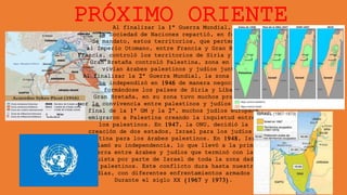 PRÓXIMO ORIENTE
Al finalizar la 1ª Guerra Mundial,
la Sociedad de Naciones repartió, en forma
de mandato, estos territorios, que pertenecían
al Imperio Otomano, entre Francia y Gran Bretaña.
Francia, controló los territorios de Siria y Líbano y,
Gran Bretaña controló Palestina, zona en la que
vivían árabes palestinos y judíos juntos.
Al finalizar la 2ª Guerra Mundial, la zona francesa
se independizó en 1946 de manera negociada
formándose los países de Siria y Líbano.
Gran Bretaña, en su zona tuvo muchos problemas
por la convivencia entre palestinos y judíos. Entre el
final de la 1ª GM y la 2ª, muchos judíos europeos
emigraron a Palestina creando la inquietud entre
los palestinos. En 1947, la ONU, decidió la
creación de dos estados, Israel para los judíos y
Palestina para los árabes palestinos. En 1948, Israel
Proclamó su independencia, lo que llevó a la primera
guerra entre árabes y judíos que terminó con la
conquista por parte de Israel de toda la zona dada a
los palestinos. Este conflicto dura hasta nuestros
días, con diferentes enfrentamientos armados
Durante el siglo XX (1967 y 1973).
 