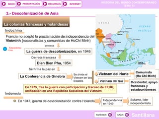 HISTORIA DEL MUNDO CONTEMPORÁNEO
TEMA 13
RECURSOS INTERNET
PRESENTACIÓN
Santillana
INICIO
SALIR
SALIR
ANTERIOR
ANTERIOR
La colonias francesas y holandesas
Indochina
Francia no aceptó la proclamación de independencia del
Vietminh (nacionalistas y comunistas de HoChi Minh)
provoca
La guerra de descolonización, en 1946
Derrota francesa
Dien Bien Phu, 1954
Se firma la paz en
La Conferencia de Ginebra
3.- Descolonización de Asia
Se divide el
Vietnam en dos
Estados
Vietnam del Norte
Vietnam del Sur
Comunista
(Ho Chi Minh)
(
Occidental, apoyo
franceses y
estadounidenses
En 1975, tras la guerra con participación y fracaso de EEUU,
unificación en una República Socialista del Vietnam
Indonesia
En 1947, guerra de descolonización contra Holanda Independencia
en 1949
Sukarno, líder
independentista
Antecedentes
9 mn
 