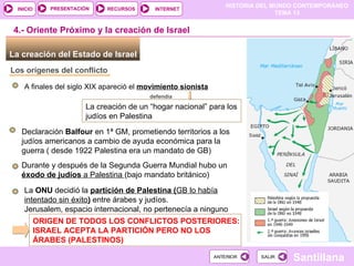 HISTORIA DEL MUNDO CONTEMPORÁNEO
TEMA 13
RECURSOS INTERNET
PRESENTACIÓN
Santillana
INICIO
SALIR
SALIR
ANTERIOR
ANTERIOR
La creación del Estado de Israel
Los orígenes del conflicto
4.- Oriente Próximo y la creación de Israel
A finales del siglo XIX apareció el movimiento sionista
defendía
La creación de un “hogar nacional” para los
judíos en Palestina
Durante y después de la Segunda Guerra Mundial hubo un
éxodo de judíos a Palestina (bajo mandato británico)
(
La ONU decidió la partición de Palestina (GB lo había
intentado sin éxito) entre árabes y judíos.
Jerusalem, espacio internacional, no pertenecía a ninguno
ORIGEN DE TODOS LOS CONFLICTOS POSTERIORES:
ISRAEL ACEPTA LA PARTICIÓN PERO NO LOS
ÁRABES (PALESTINOS)
Declaración Balfour en 1ª GM, prometiendo territorios a los
judíos americanos a cambio de ayuda económica para la
guerra ( desde 1922 Palestina era un mandato de GB)
 
