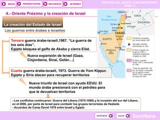 HISTORIA DEL MUNDO CONTEMPORÁNEO
TEMA 13
RECURSOS INTERNET
PRESENTACIÓN
Santillana
INICIO
SALIR
SALIR
ANTERIOR
ANTERIOR
Las guerras entre árabes e israelíes
La creación del Estado de Israel
4.- Oriente Próximo y la creación de Israel
Tercera guerra árabe-israelí,1967. “La guerra de
los seis días”.
Egipto bloquea el golfo de Akaba y cierra Eilat.
Nueva expansión de Israel (Gaza,
Cisjordania, Sinaí, Golán…)
C
Cuarta guerra árabe-israelí, 1973. Guerra de Yom Kippur.
Egipto y Siria atacan para recuperar territorios
- Los conflictos continuaron: Guerra del Líbano (1975-1990) y la invasión del sur del Líbano,
en el 2006, por parte de Israel para combatir los grupos terroristas de Hezbolá.
- Acuerdos de Camp David 1978 entre Israel y Egipto
Nueva triunfo de Israel con ayuda EEUU. El
mundo árabe presionará con el petróleo para
que le devuelvan territorios
 