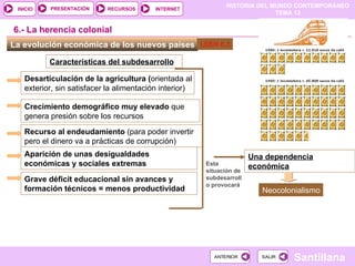 HISTORIA DEL MUNDO CONTEMPORÁNEO
TEMA 13
RECURSOS INTERNET
PRESENTACIÓN
Santillana
INICIO
SALIR
SALIR
ANTERIOR
ANTERIOR
La evolución económica de los nuevos países
Características del subdesarrollo
6.- La herencia colonial
Desarticulación de la agricultura (orientada al
exterior, sin satisfacer la alimentación interior)
e
Crecimiento demográfico muy elevado que
genera presión sobre los recursos
Recurso al endeudamiento (para poder invertir
pero el dinero va a prácticas de corrupción)
Aparición de unas desigualdades
económicas y sociales extremas
Grave déficit educacional sin avances y
formación técnicos = menos productividad
Esta
situación de
subdesarroll
o provocará
Una dependencia
económica
Neocolonialismo
LEER 6.3
 