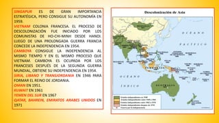 SINGAPUR ES DE GRAN IMPORTANCIA 
ESTRATÉGICA, PERO CONSIGUE SU AUTONOMÍA EN 
1959. 
VIETNAM COLONIA FRANCESA. EL PROCESO DE 
DESCOLONIZACIÓN FUE INICIADO POR LOS 
COMUNISTAS DE HO-CHI-MINH DESDE HANOI. 
LUEGO DE UNA PROLONGADA GUERRA FRANCIA 
CONCEDE LA INDEPENDENCIA EN 1954. 
CAMBOYA CONSIGUE LA INDEPENDENCIA AL 
MISMO TIEMPO Y EN EL MISMO PROCESO QUE 
VIETNAM. CAMBOYA ES OCUPADA POR LOS 
FRANCESES DESPUÉS DE LA SEGUNDA GUERRA 
MUNDIAL, OBTIENE SU INDEPENDENCIA EN 1954. 
SIRIA, LIBANO Y TRANSJORDANIA EN 1946 PARA 
FORMAR EL REINO DE JORDANIA. 
OMAN EN 1951. 
KUWAIT EN 1961 
YEMEN DEL SUR EN 1967 
QATAR, BAHREIN, EMIRATOS ARABES UNIDOS EN 
1971 
 