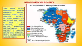 DESCOLONIZACIÓN DE AFRICA 
TODA AFRICA ESTUVO 
DOMINADO POR LOS PAÍSES 
EUROPEOS: BELGICA, 
HOLANDA, ESPAÑA, ITALIA, 
ALEMANIA, PORTUGAL, 
INGLATERRA, FRANCIA. QUE 
EXPLOTARON POR CIENTOS 
DE AÑOS A SUS 
HABITANTES, COMO 
ESCLAVOS, EXTRAYENDO 
IRRACIONALMENTE SUS 
RIQUEZAS Y MATERIAS 
PRIMAS (ORO, DIAMANTES, 
MARFIL) E IMPONIENDO UN 
RACISMO INJUSTO. 
 