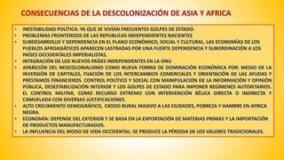 CONSECUENCIAS DE LA DESCOLONIZACIÓN DE ASIA Y AFRICA 
• INESTABILIDAD POLÍTICA: YA QUE SE VIVÍAN FRECUENTES GOLPES DE ESTADO. 
• PROBLEMAS FRONTERIZOS DE LAS REPUBLICAS INDEPENDIENTES NACIENTES 
• SUBDESARROLLO Y DEPENDENCIA EN EL PLANO ECONÓMICO, SOCIAL Y CULTURAL. LAS ECONOMÍAS DE LOS 
PUEBLOS AFROASIÁTICOS APARECEN LASTRADAS POR UNA FUERTE DEPENDENCIA Y SUBORDINACIÓN A LOS 
PAÍSES OCCIDENTALES IMPERIALISTAS. 
• INTEGRACIÓN DE LOS NUEVOS PAÍSES INDEPENDIENTES EN LA ONU 
• APARICIÓN DEL NEOCOLONIALISMO COMO NUEVA FORMA DE DOMINACIÓN ECONÓMICA POR: MEDIO DE LA 
INVERSIÓN DE CAPITALES, FIJACIÓN DE LOS INTERCAMBIOS COMERCIALES Y ORIENTACIÓN DE LAS AYUDAS Y 
PRÉSTAMOS FINANCIEROS. CONTROL POLÍTICO Y SOCIAL CON MANIPULACIÓN DE LA INFORMACIÓN Y OPINIÓN 
PÚBLICA, DESESTABILIZACIÓN INTERIOR Y LOS GOLPES DE ESTADO PARA IMPONER REGÍMENES AUTORITARIOS. 
EL CONTROL MILITAR, COMO RECURSO EXTREMO CON INTERVENCIÓN BÉLICA DIRECTA O INDIRECTA Y 
CAMUFLADA CON DIVERSAS JUSTIFICACIONES. 
• ALTO CRECIMIENTO DEMOGRÁFICO, EXODO RURAL MASIVO A LAS CIUDADES, POBREZA Y HAMBRE EN AFRICA 
NEGRA. 
• ECONOMÍA: DEPENDE DEL EXTERIOR Y SE BASA EN LA EXPORTACIÓN DE MATERIAS PRIMAS Y LA IMPORTACIÓN 
DE PRODUCTOS MANUFACTURADOS. 
• LA INFLUENCIA DEL MODO DE VIDA OCCIDENTAL: SE PRODUCE LA PÉRDIDA DE LOS VALORES TRADICIONALES. 
