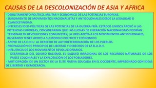 CAUSAS DE LA DESCOLONIZACIÓN DE ASIA Y AFRICA 
- DEBILITAMIENTO POLÍTICO, MILITAR Y ECONOMICO DE LAS POTENCIAS EUROPEAS. 
- SURGIMIENTO DE MOVIMIENTOS NACIONALISTAS Y ANTICOLONIALES DESDE LA LEGALIDAD O 
CLANDESTINIDAD. 
- INTERESES IDEO-POLITICAS DE LAS POTENCIAS DE LA GUERRA FRÍA: ESTADOS UNIDOS APOYÓ A LAS 
POTENCIAS EUROPEAS, CONSIDERABAN QUE LAS LUCHAS DE LIBERACIÓN NACIONALISTAS PODRÍAN 
TERMINAR EN REVOLUCIONES COMUNISTAS; LA URSS APOYA A LOS MOVIMIENTOS ANTICOLONIALES, 
BUSCANDO TENER APOYO A SU MODELO POLITICO Y ECONOMICO. 
- APOYO DE LA O.N.U. AL DERECHO DE AUTODETERMINACIÓN DE LOS PUEBLOS. 
- PROPAGACIÓN DE PRINCIPIOS DE LIBERTAD Y DERECHOS DE LA D.U.D.H. 
- INFLUENCIA DE LOS MOVIMIENTOS REVOLUCIONARIOS. 
- DESARROLLO DEL ODIOSO RACISMO, EL SAQUEO IRRACIONAL DE LOS RECURSOS NATURALES DE LOS 
PAISES COLONIALES Y LA EXPLOTACIÓN DE LOS POBLADORES. 
- PARTICIPACIÓN DE UN SECTOR DE LA ÉLITE NATIVA EDUCADA EN EL OCCIDENTE, IMPREGNADO CON IDEAS 
DE LIBERTAD Y DEMOCRACIA. 
 