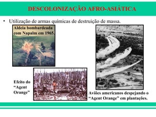 DESCOLONIZAÇÃO AFRO-ASIÁTICA
• Utilização de armas químicas de destruição de massa.
Aldeia bombardeada
com Napalm em 1965.
Aviões americanos despejando o
“Agent Orange” em plantações.
Efeito do
“Agent
Orange”
 