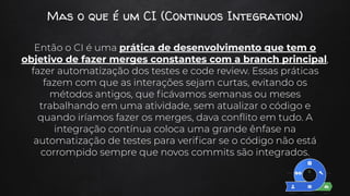 Mas o que é um CI (Continuos Integration)
Então o CI é uma prática de desenvolvimento que tem o
objetivo de fazer merges constantes com a branch principal,
fazer automatização dos testes e code review. Essas práticas
fazem com que as interações sejam curtas, evitando os
métodos antigos, que ﬁcávamos semanas ou meses
trabalhando em uma atividade, sem atualizar o código e
quando iríamos fazer os merges, dava conﬂito em tudo. A
integração contínua coloca uma grande ênfase na
automatização de testes para veriﬁcar se o código não está
corrompido sempre que novos commits são integrados.
 