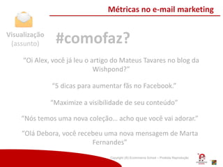 Copyright (®) Ecommerce School – Proibida Reprodução
Métricas no e-mail marketing
#comofaz?Visualização
(assunto)
“Oi Alex, você já leu o artigo do Mateus Tavares no blog da
Wishpond?”
“Olá Debora, você recebeu uma nova mensagem de Marta
Fernandes”
“5 dicas para aumentar fãs no Facebook.”
“Maximize a visibilidade de seu conteúdo”
“Nós temos uma nova coleção… acho que você vai adorar.”
 