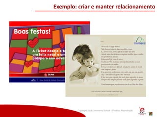 Copyright (®) Ecommerce School – Proibida Reprodução
Exemplo: criar e manter relacionamento
 