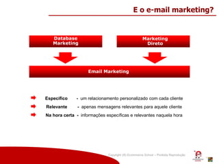 Copyright (®) Ecommerce School – Proibida Reprodução
Específico - um relacionamento personalizado com cada cliente
Relevante - apenas mensagens relevantes para aquele cliente
Na hora certa - informações específicas e relevantes naquela hora
Database
Marketing
Marketing
Direto
Email Marketing
E o e-mail marketing?
 